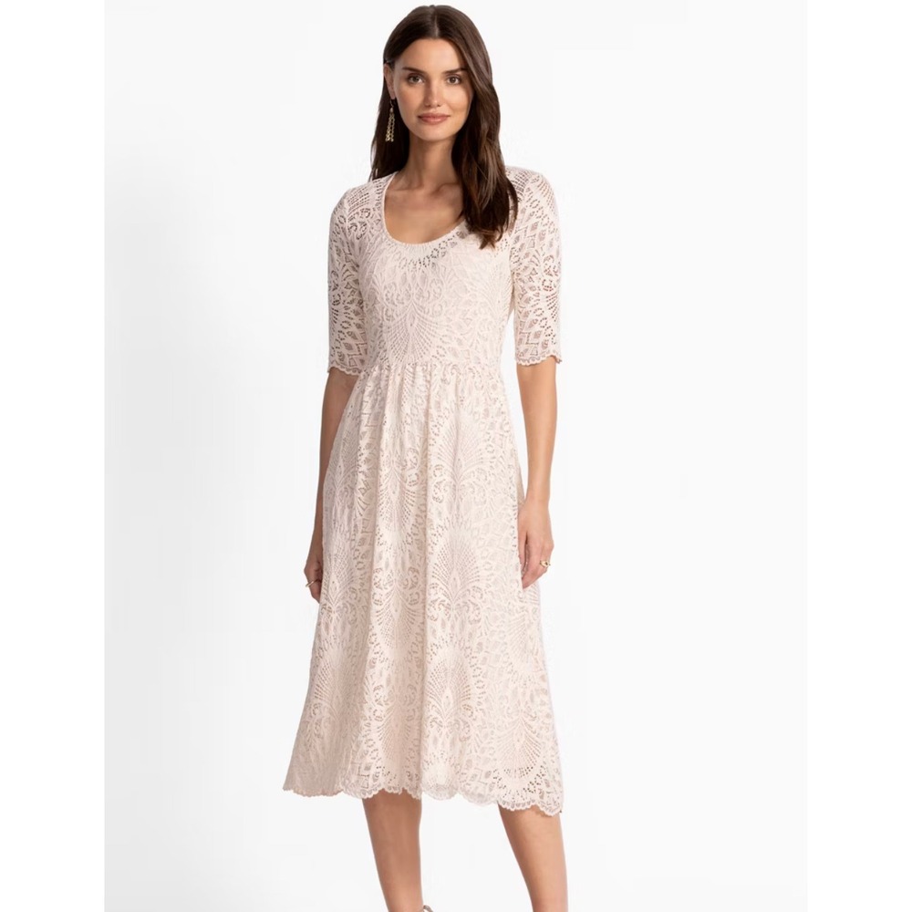 Johnny‎ Was Jade EUC Helena Cream Scalloped Lace Lined Scoopneck Midi Dress L